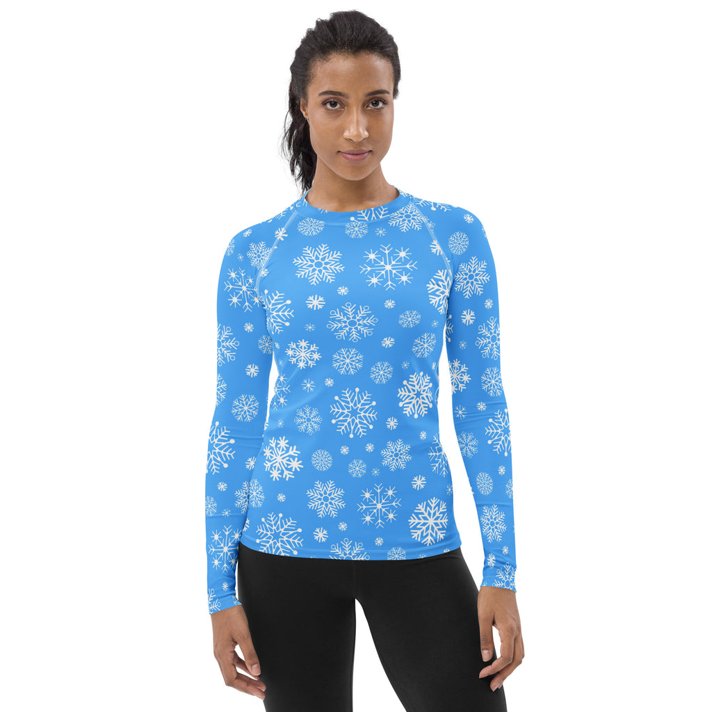 Women's Blue Snowflake Long Sleeve Rash Guard Swim Shirt – Buttery Soft, Sun Safe UPF 50+ Protection, Quick Dry & 4-Way Stretch Comfort