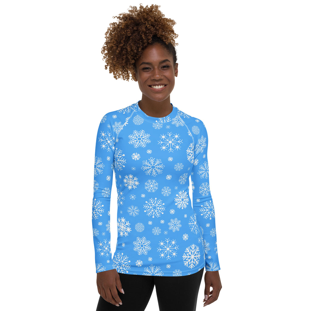 Women's Blue Snowflake Long Sleeve Rash Guard Swim Shirt – Buttery Soft, Sun Safe UPF 50+ Protection, Quick Dry & 4-Way Stretch Comfort