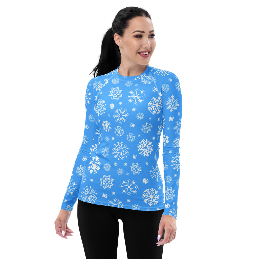 Women's Blue Snowflake Long Sleeve Rash Guard Swim Shirt – Buttery Soft, Sun Safe UPF 50+ Protection, Quick Dry & 4-Way Stretch Comfort