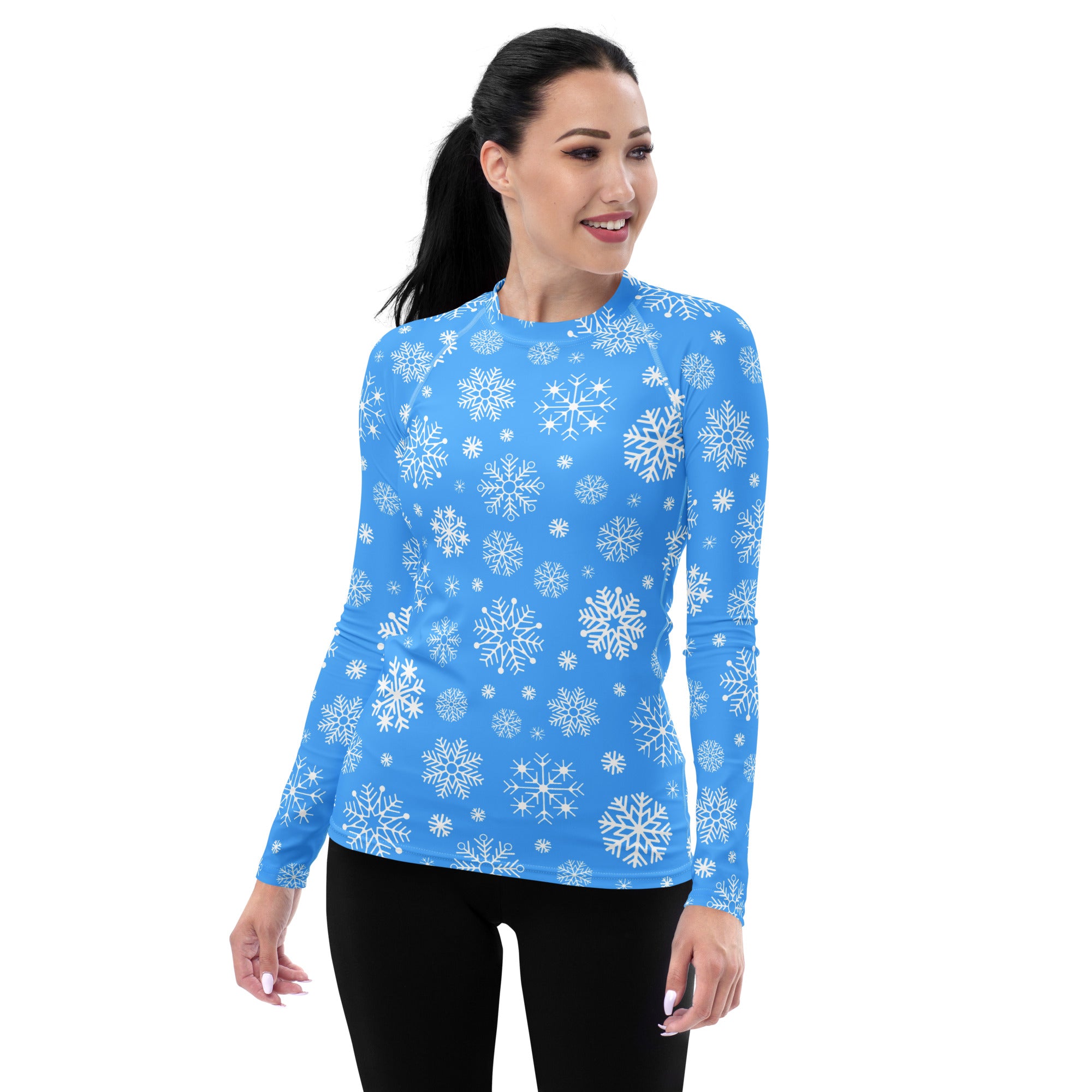 Women's Blue Snowflake Long Sleeve Rash Guard Swim Shirt – Buttery Soft, Sun Safe UPF 50+ Protection, Quick Dry & 4-Way Stretch Comfort