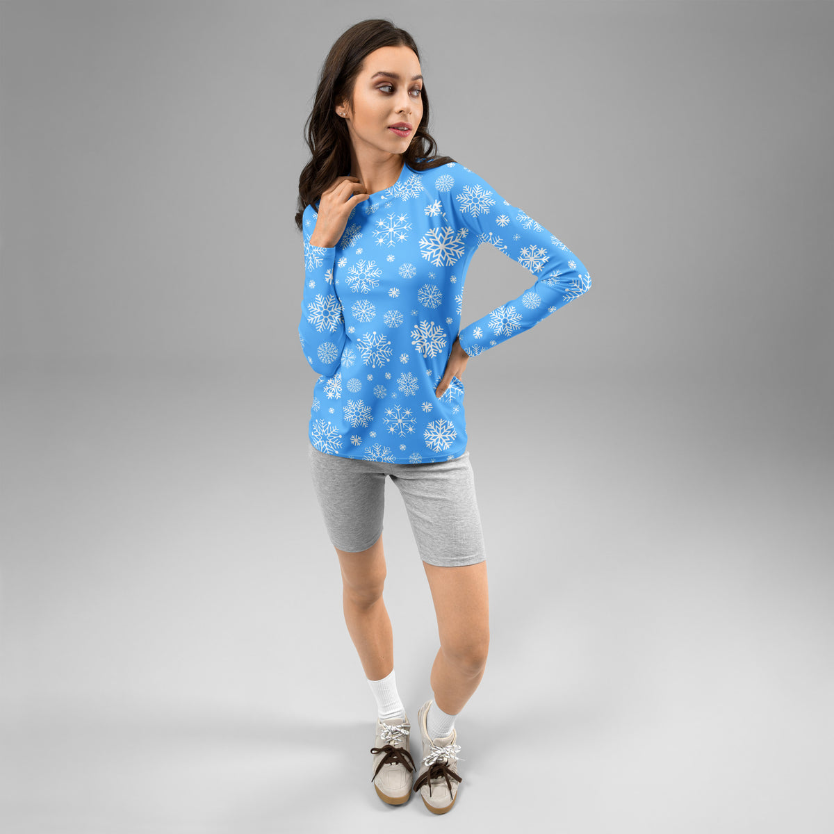 Women's Blue Snowflake Long Sleeve Rash Guard Swim Shirt – Buttery Soft, Sun Safe UPF 50+ Protection, Quick Dry & 4-Way Stretch Comfort