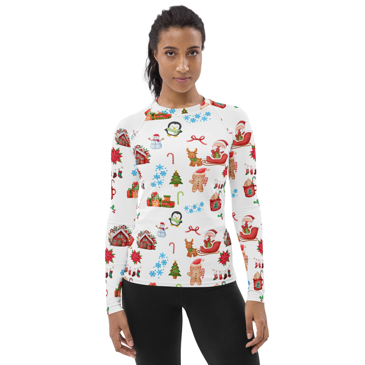 Women's Christmas Themed Long Sleeve Rash Guard Swim Shirt – Buttery Soft, Sun Safe UPF 50+ Protection, Quick Dry & 4-Way Stretch Comfort