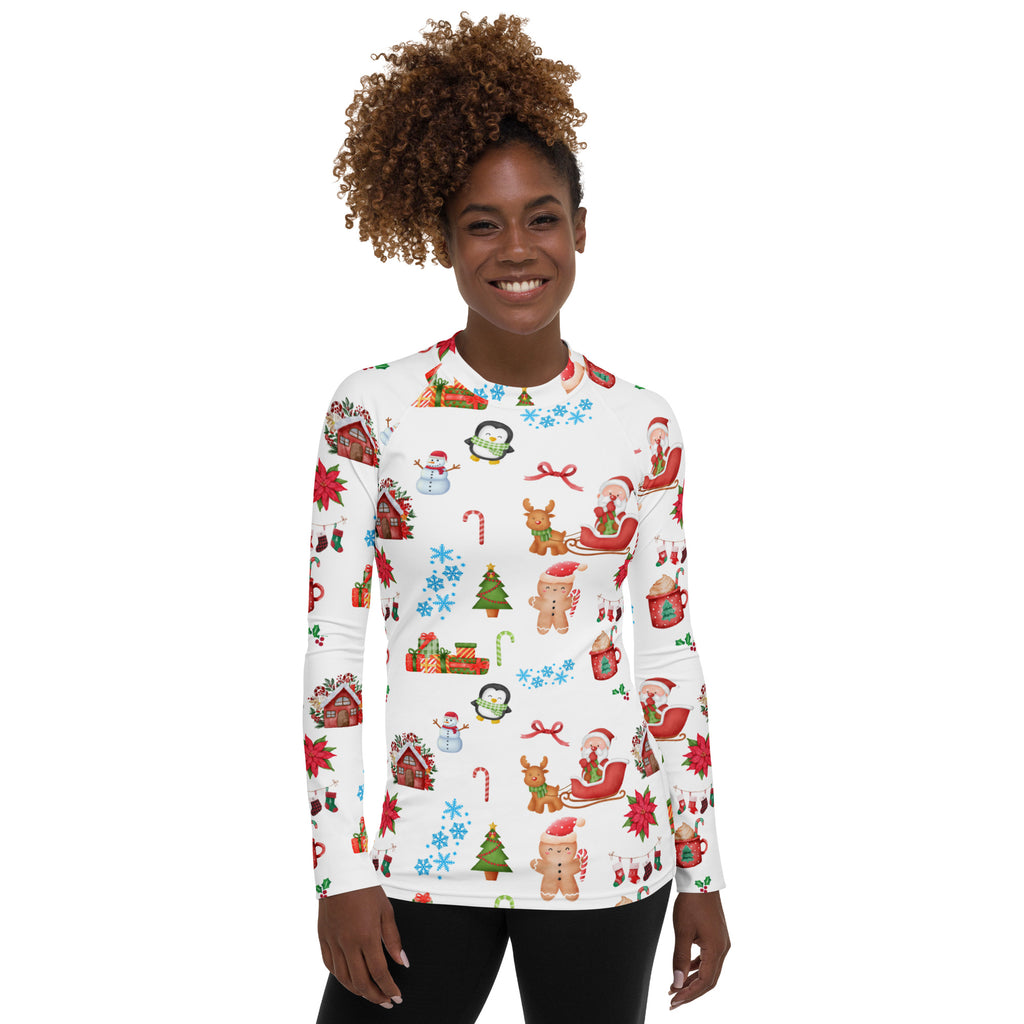 Women's Christmas Themed Long Sleeve Rash Guard Swim Shirt – Buttery Soft, Sun Safe UPF 50+ Protection, Quick Dry & 4-Way Stretch Comfort