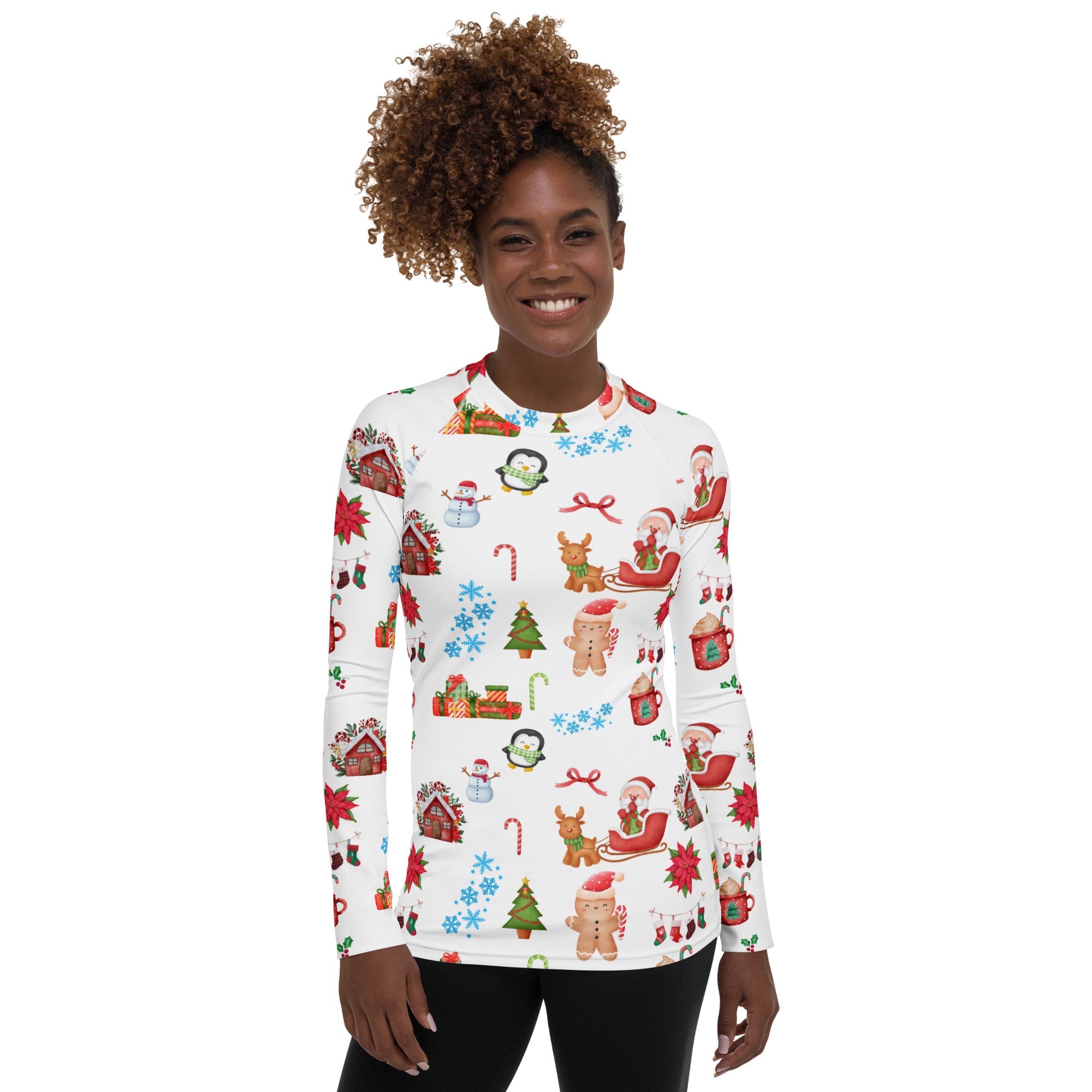 Women's Christmas Themed Long Sleeve Rash Guard Swim Shirt – Buttery Soft, Sun Safe UPF 50+ Protection, Quick Dry & 4-Way Stretch Comfort