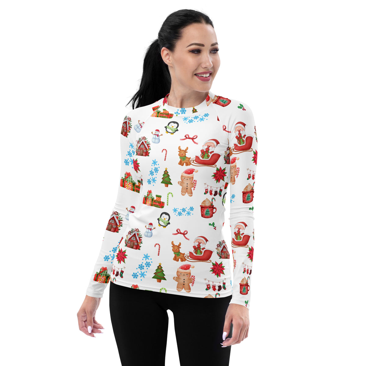 Women's Christmas Themed Long Sleeve Rash Guard Swim Shirt – Buttery Soft, Sun Safe UPF 50+ Protection, Quick Dry & 4-Way Stretch Comfort