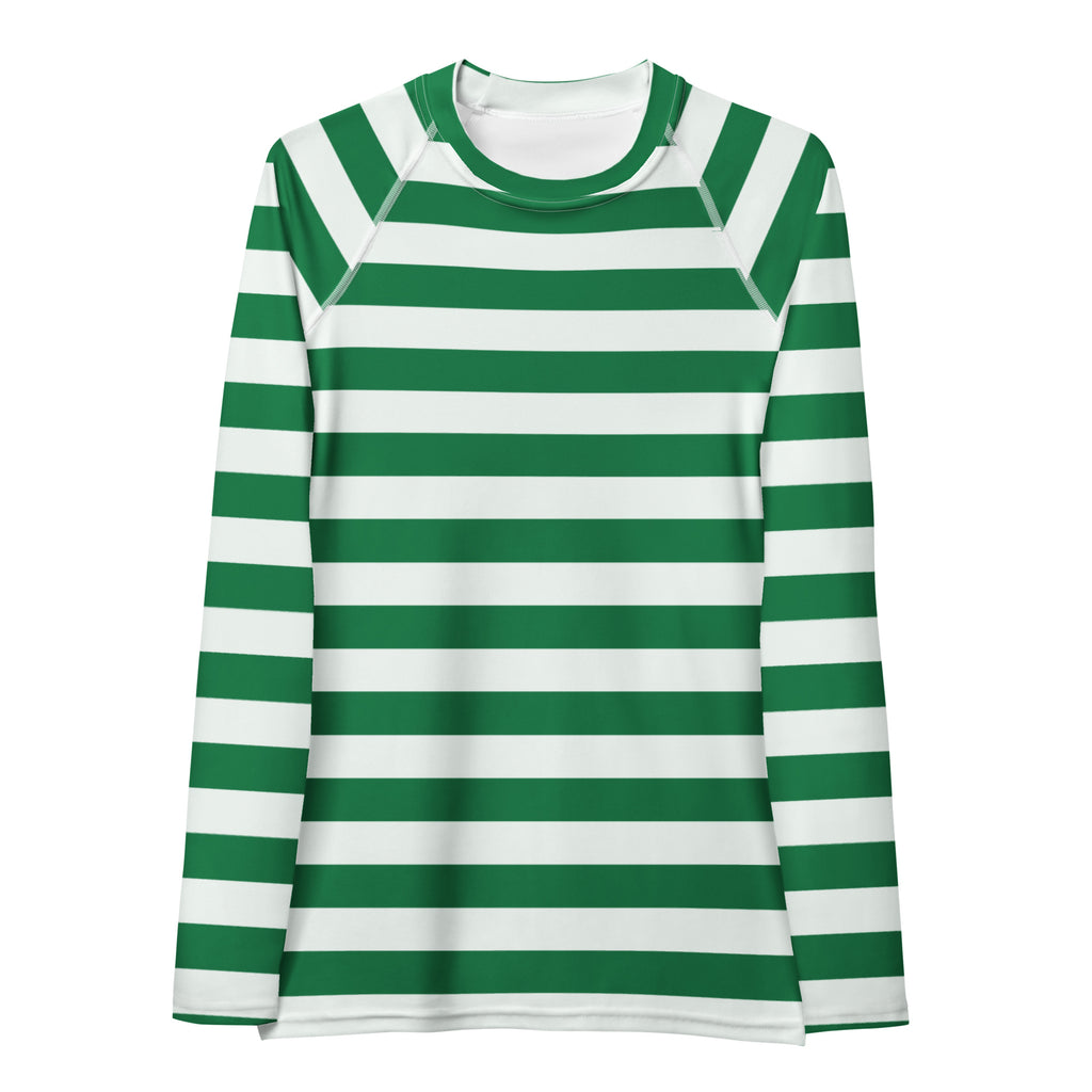 Women's Green & White Striped Long Sleeve Rash Guard Swim Shirt – Buttery Soft, Sun Safe UPF 50+ Protection, Quick Dry & 4-Way Stretch Comfort