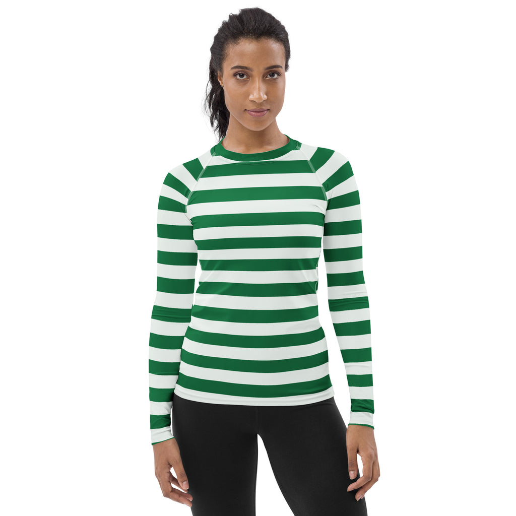 Women's Green & White Striped Long Sleeve Rash Guard Swim Shirt – Buttery Soft, Sun Safe UPF 50+ Protection, Quick Dry & 4-Way Stretch Comfort