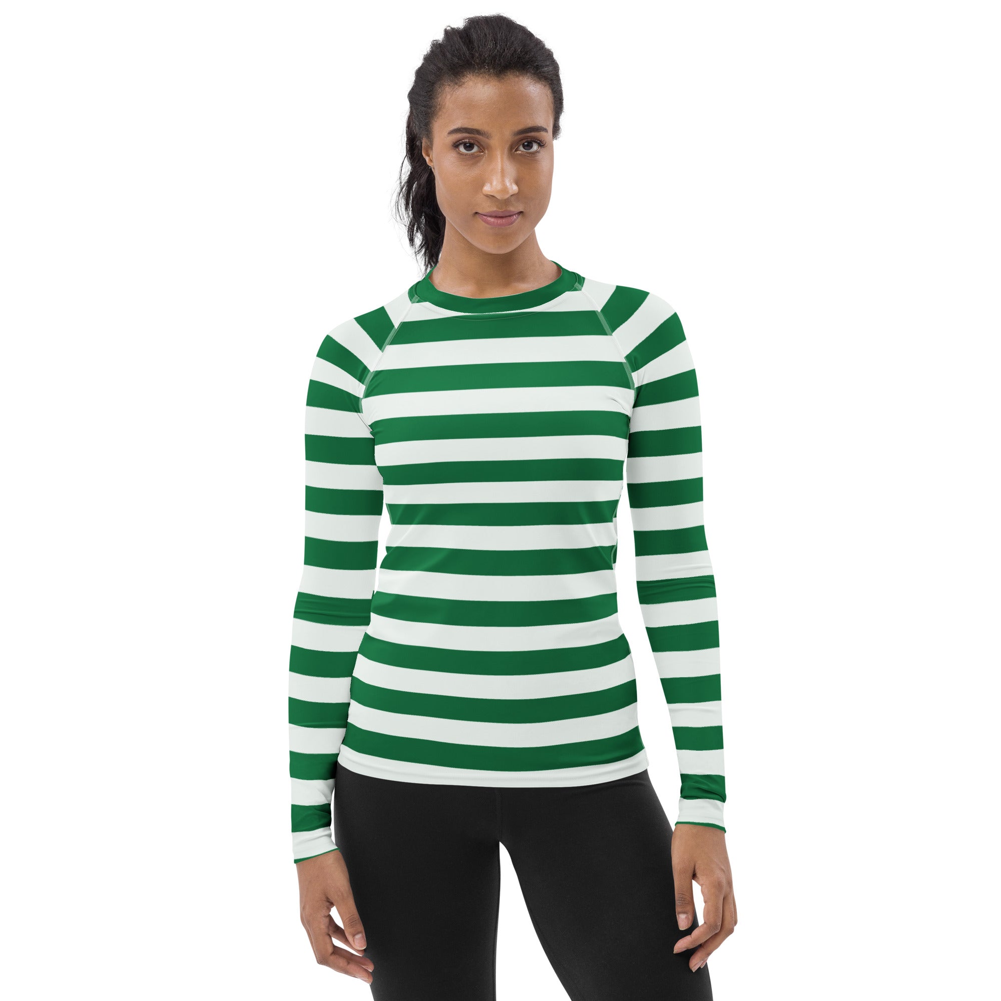 Women's Green & White Striped Long Sleeve Rash Guard Swim Shirt – Buttery Soft, Sun Safe UPF 50+ Protection, Quick Dry & 4-Way Stretch Comfort