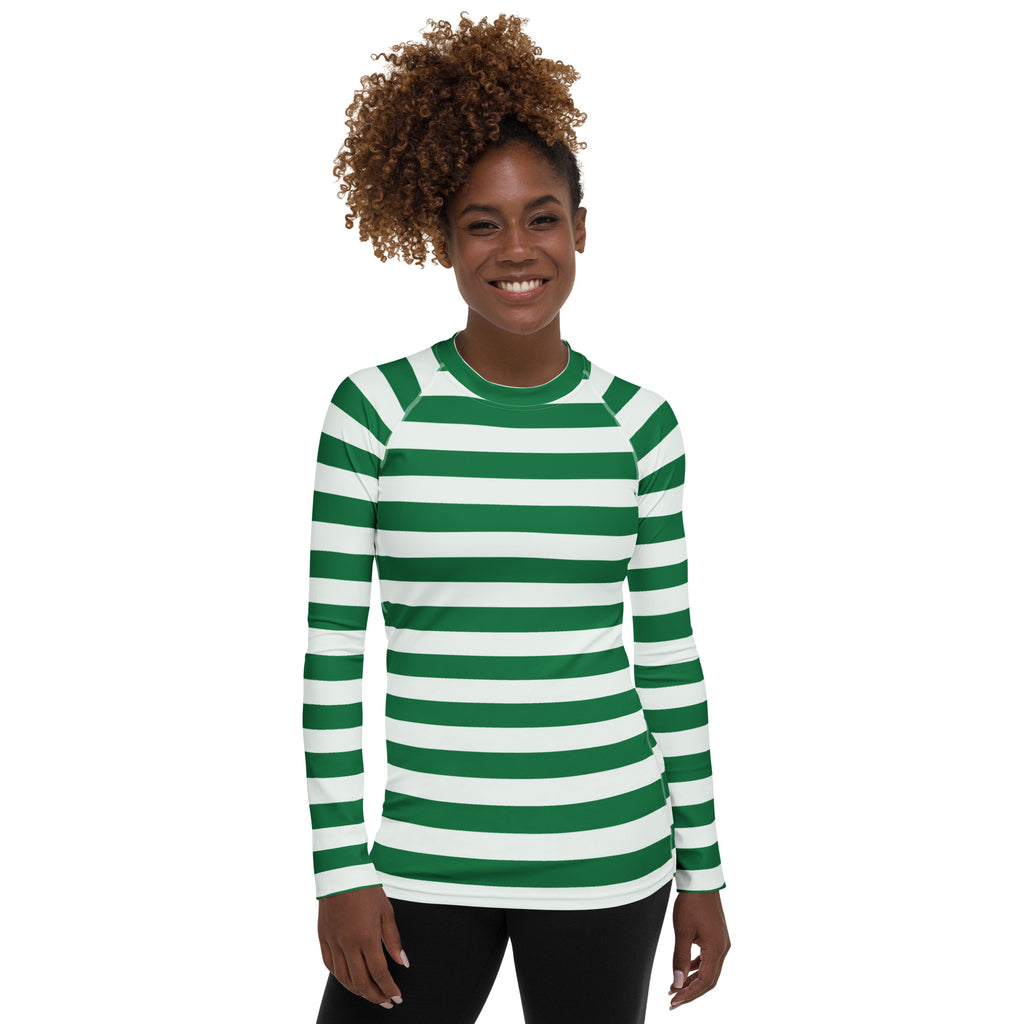 Women's Green & White Striped Long Sleeve Rash Guard Swim Shirt – Buttery Soft, Sun Safe UPF 50+ Protection, Quick Dry & 4-Way Stretch Comfort