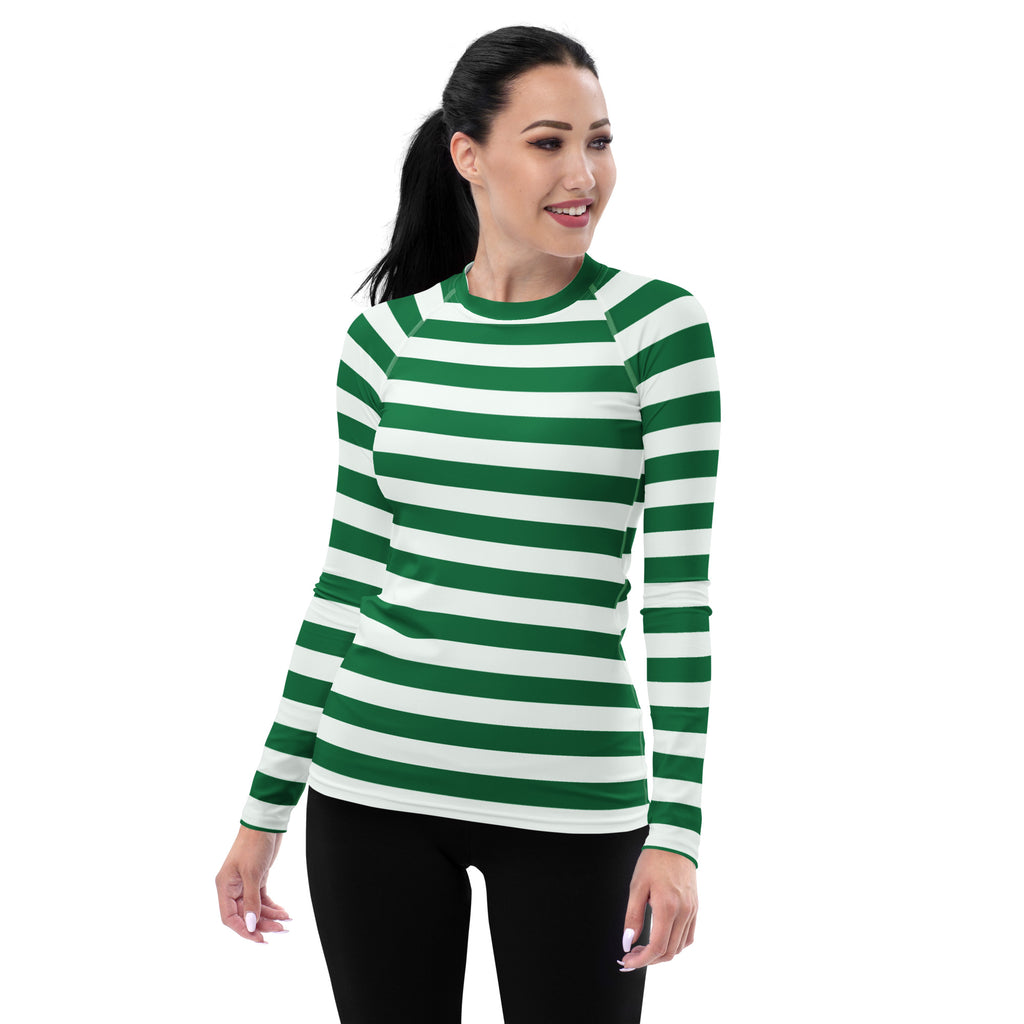 Women's Green & White Striped Long Sleeve Rash Guard Swim Shirt – Buttery Soft, Sun Safe UPF 50+ Protection, Quick Dry & 4-Way Stretch Comfort