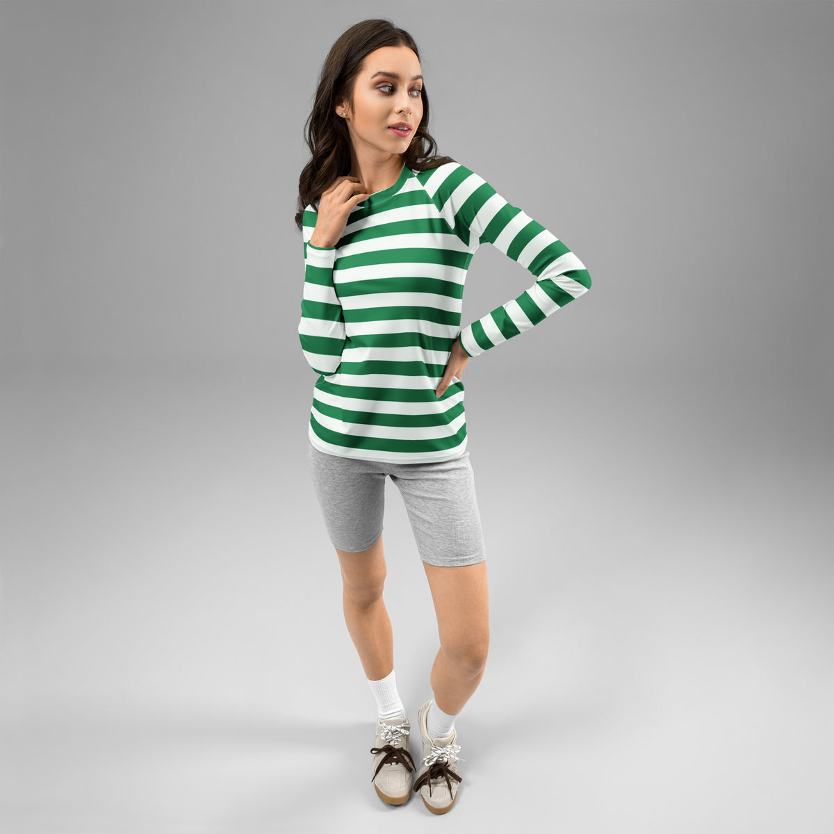 Women's Green & White Striped Long Sleeve Rash Guard Swim Shirt – Buttery Soft, Sun Safe UPF 50+ Protection, Quick Dry & 4-Way Stretch Comfort