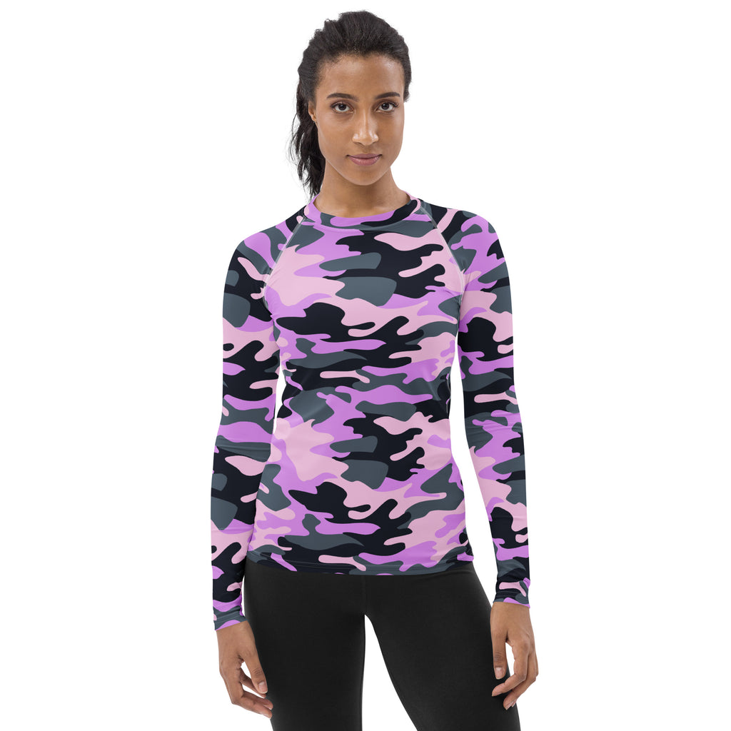 Women's Purple Camouflage Long Sleeve Rash Guard Swim Shirt – Buttery Soft, Sun Safe UPF 50+ Protection, Quick Dry & 4-Way Stretch Comfort