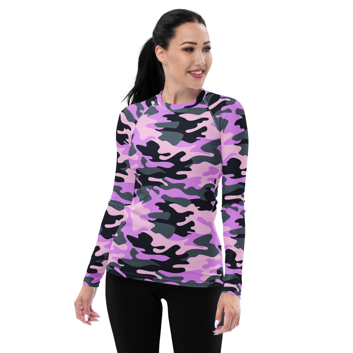 Women's Purple Camouflage Long Sleeve Rash Guard Swim Shirt – Buttery Soft, Sun Safe UPF 50+ Protection, Quick Dry & 4-Way Stretch Comfort