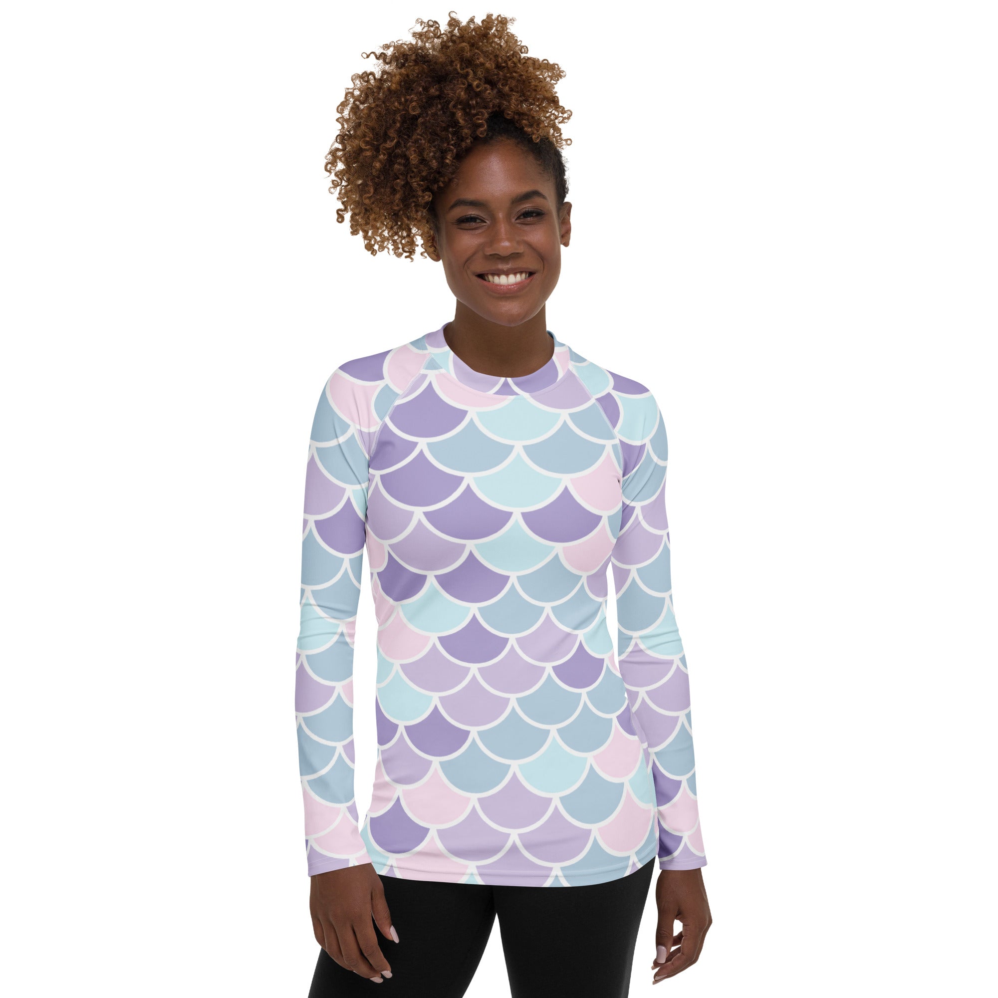 Women's Purple Mermaid Scale Long Sleeve Rash Guard Swim Shirt – Buttery Soft, Sun Safe UPF 50+ Protection, Quick Dry & 4-Way Stretch Comfort