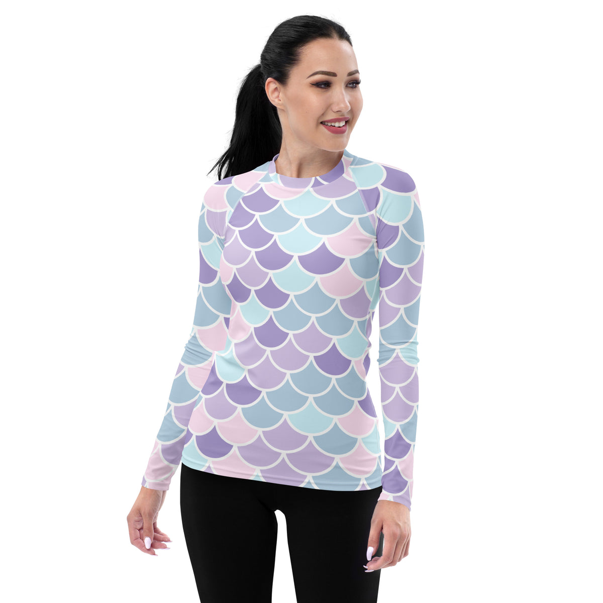 Women's Purple Mermaid Scale Long Sleeve Rash Guard Swim Shirt – Buttery Soft, Sun Safe UPF 50+ Protection, Quick Dry & 4-Way Stretch Comfort