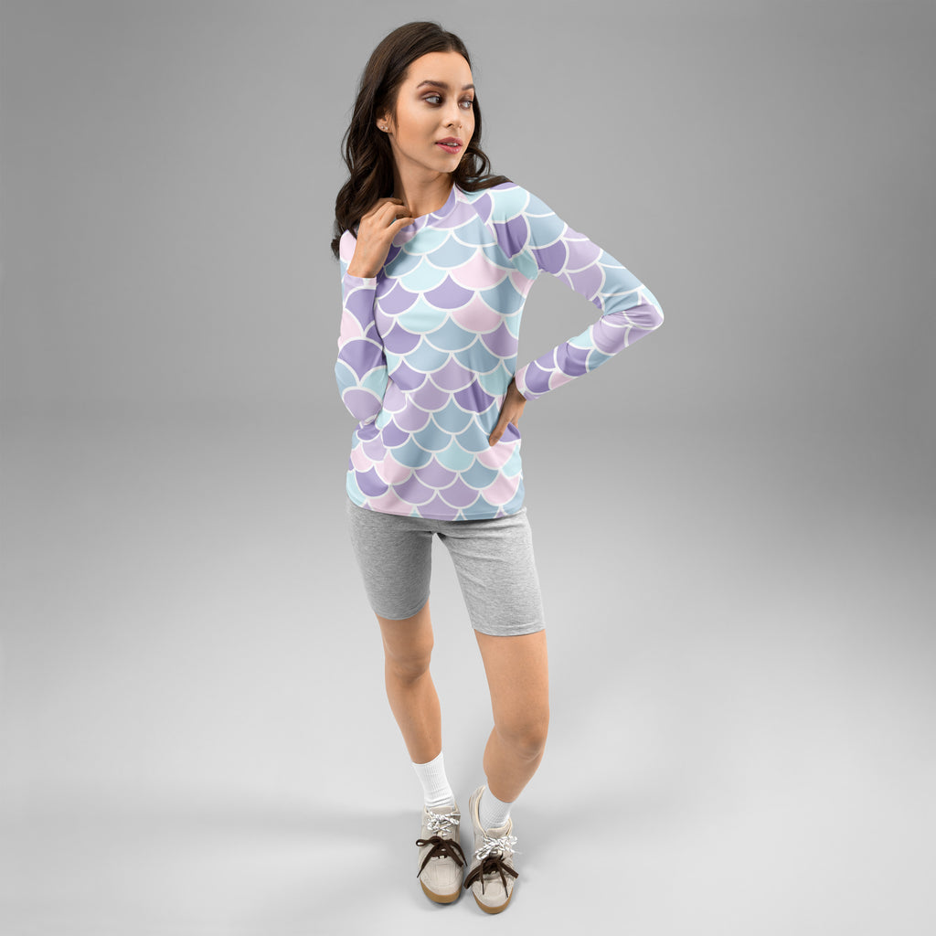 Women's Purple Mermaid Scale Long Sleeve Rash Guard Swim Shirt – Buttery Soft, Sun Safe UPF 50+ Protection, Quick Dry & 4-Way Stretch Comfort