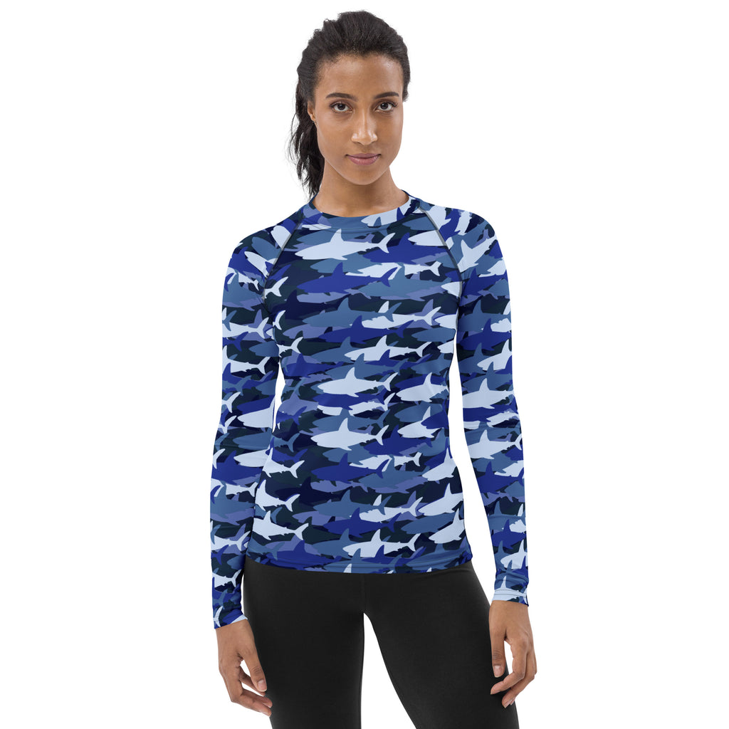 Women's Blue Shark Camouflage Long Sleeve Rash Guard Swim Shirt – Buttery Soft, Sun Safe UPF 50+ Protection, Quick Dry & 4-Way Stretch Comfort