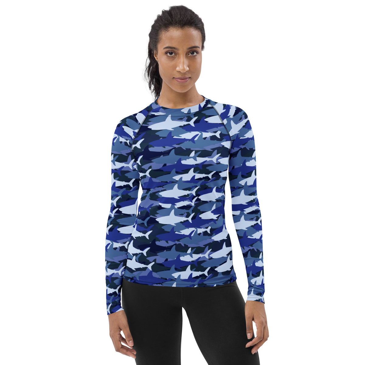 Women's Blue Shark Camouflage Long Sleeve Rash Guard Swim Shirt – Buttery Soft, Sun Safe UPF 50+ Protection, Quick Dry & 4-Way Stretch Comfort