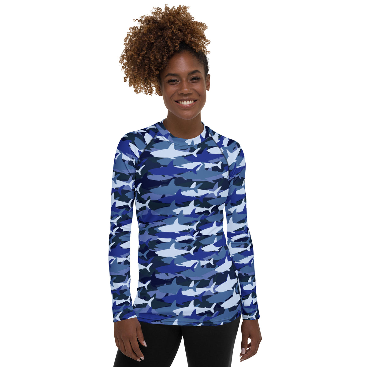 Women's Blue Shark Camouflage Long Sleeve Rash Guard Swim Shirt – Buttery Soft, Sun Safe UPF 50+ Protection, Quick Dry & 4-Way Stretch Comfort