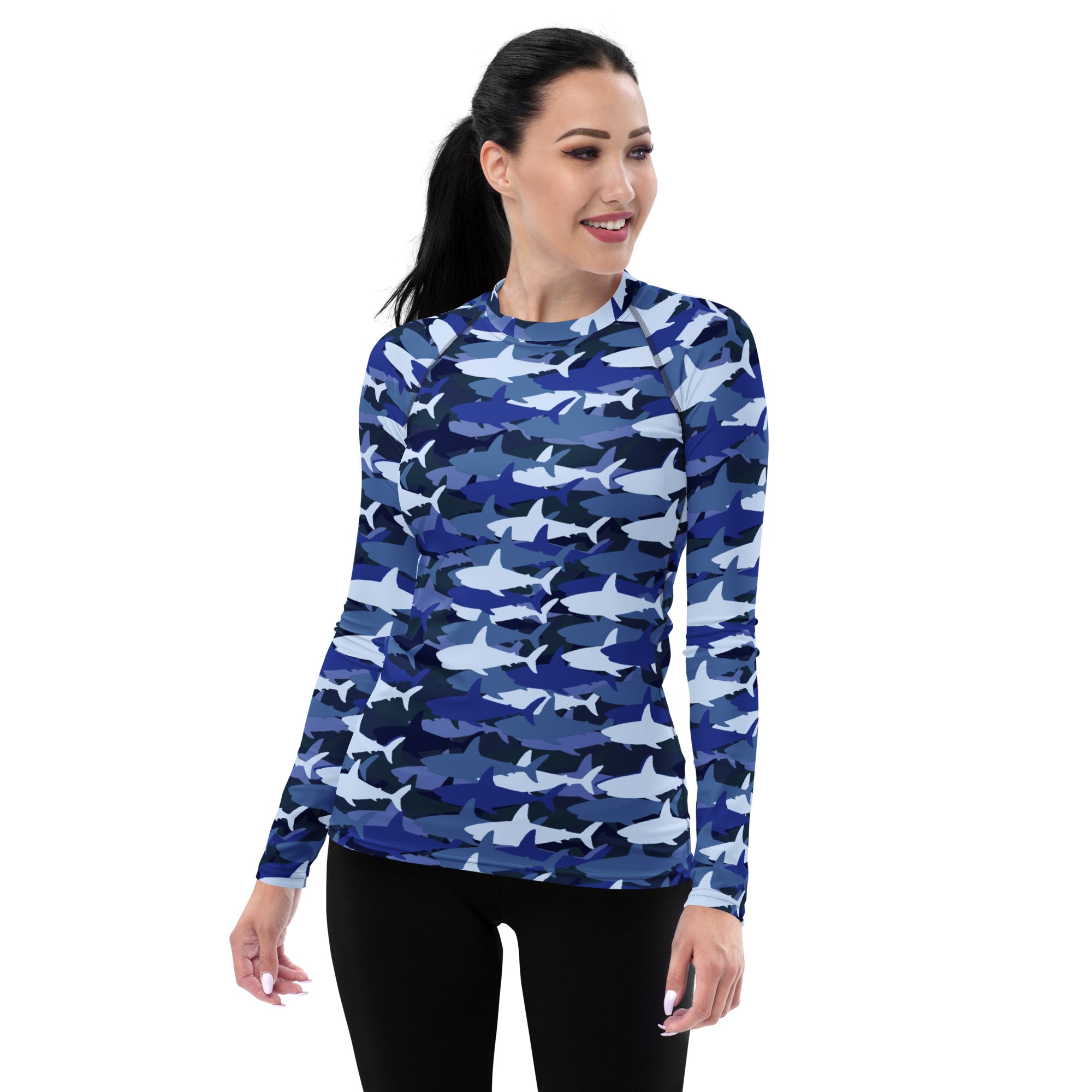 Women's Blue Shark Camouflage Long Sleeve Rash Guard Swim Shirt – Buttery Soft, Sun Safe UPF 50+ Protection, Quick Dry & 4-Way Stretch Comfort