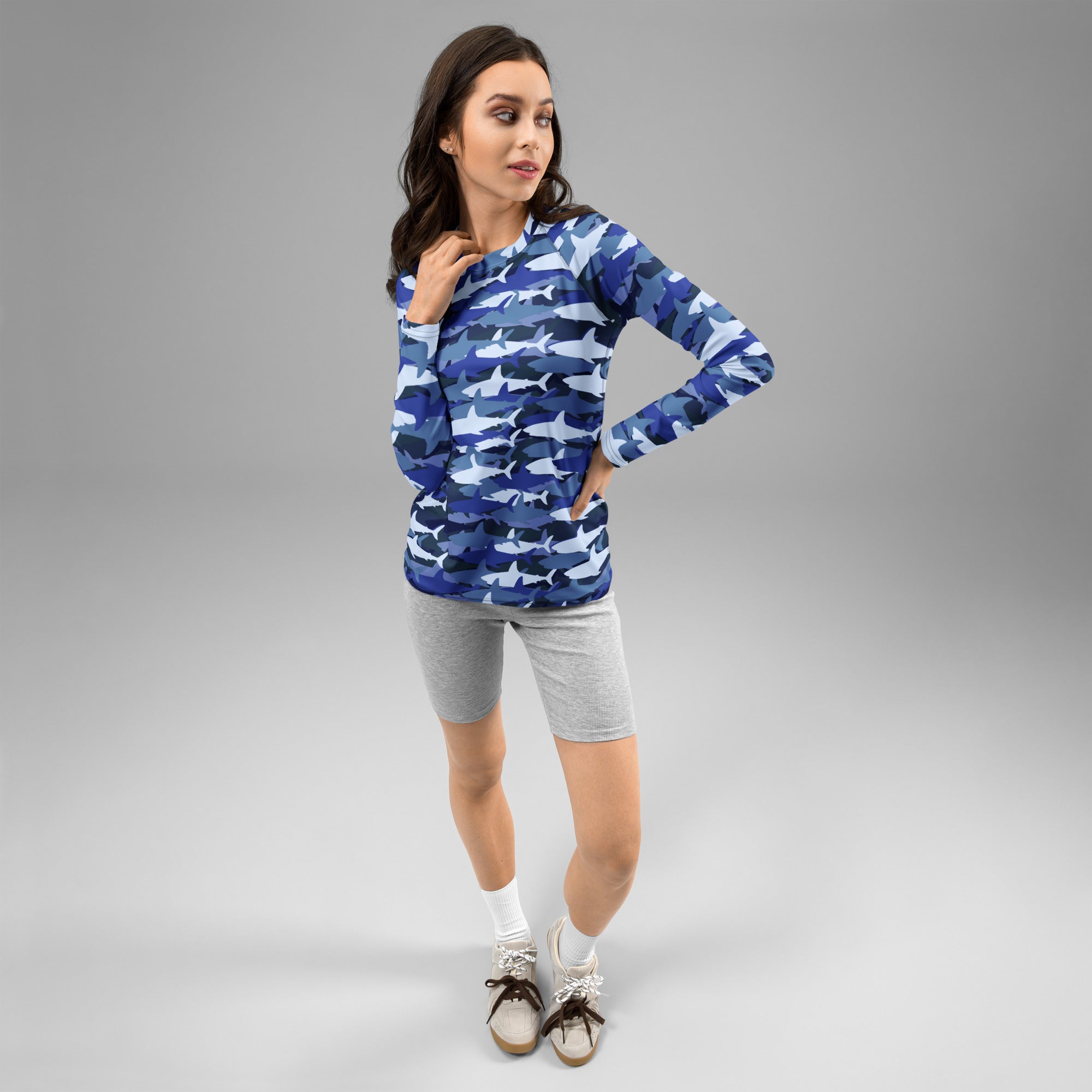 Women's Blue Shark Camouflage Long Sleeve Rash Guard Swim Shirt – Buttery Soft, Sun Safe UPF 50+ Protection, Quick Dry & 4-Way Stretch Comfort