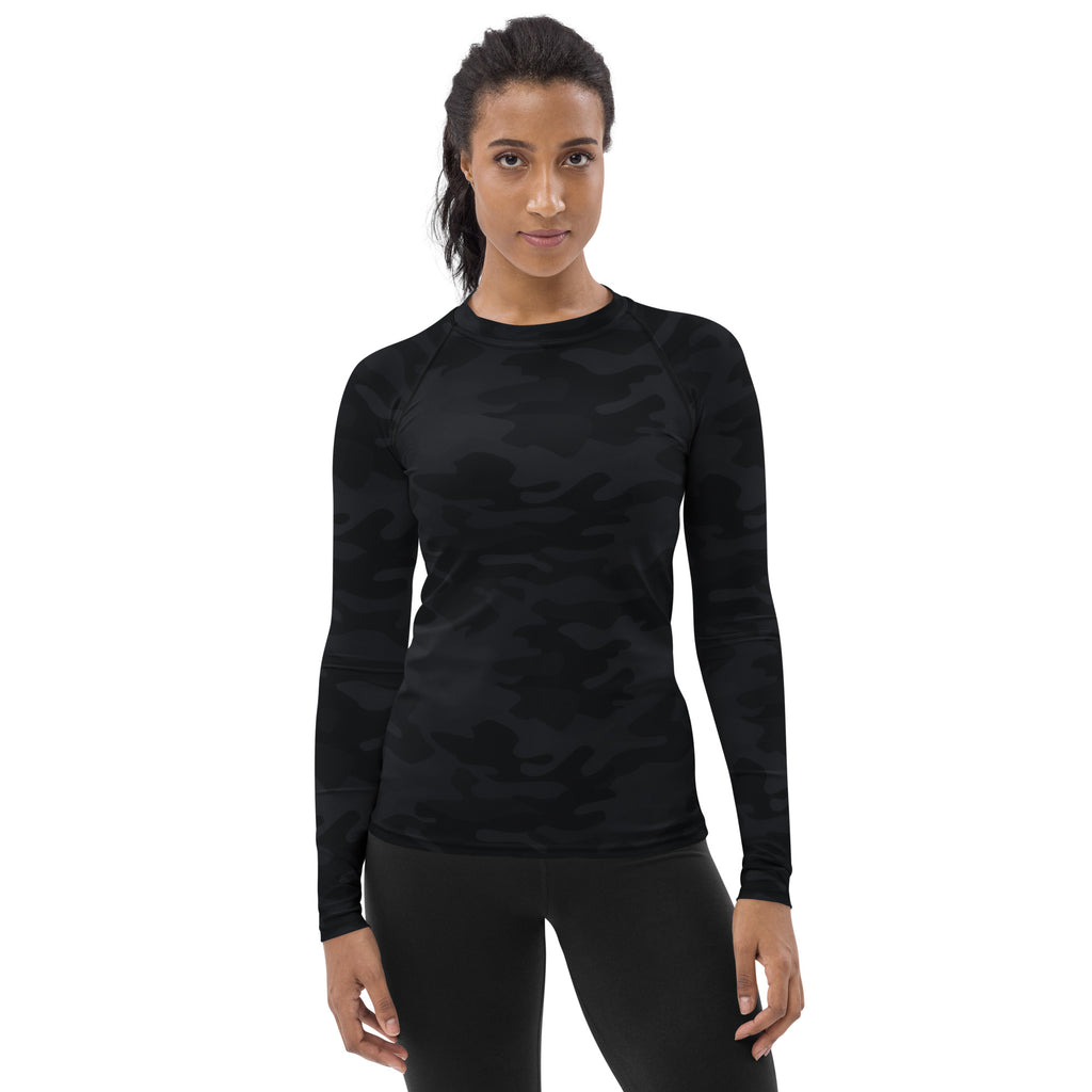 Women's Black Camouflage Long Sleeve Rash Guard Swim Shirt – Buttery Soft, Sun Safe UPF 50+ Protection, Quick Dry & 4-Way Stretch Comfort