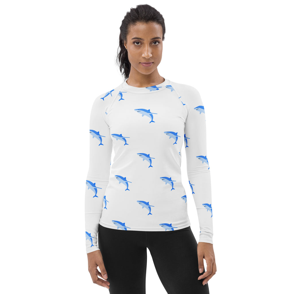 Women's Blue Shark Long Sleeve Rash Guard Swim Shirt – Buttery Soft, Sun Safe UPF 50+ Protection, Quick Dry & 4-Way Stretch Comfort