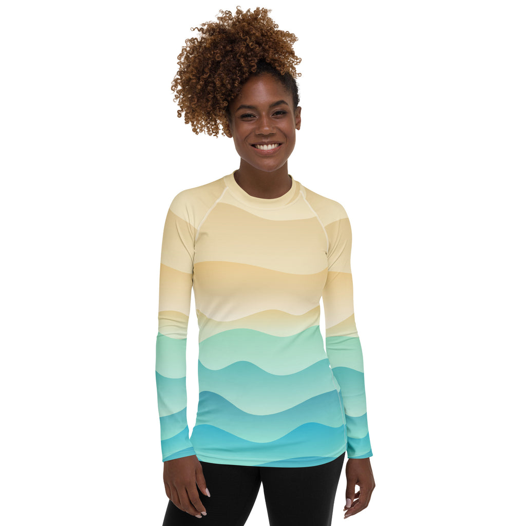 Women's Sand & Ocean Waves Long Sleeve Rash Guard Swim Shirt – Buttery Soft, Sun Safe UPF 50+ Protection, Quick Dry & 4-Way Stretch Comfort