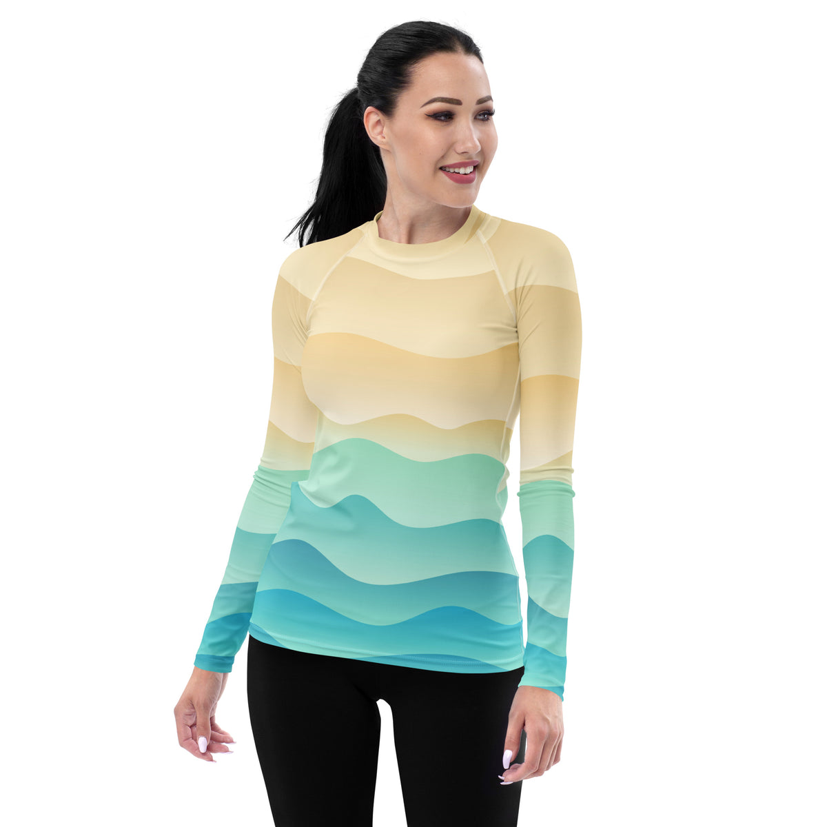 Women's Sand & Ocean Waves Long Sleeve Rash Guard Swim Shirt – Buttery Soft, Sun Safe UPF 50+ Protection, Quick Dry & 4-Way Stretch Comfort