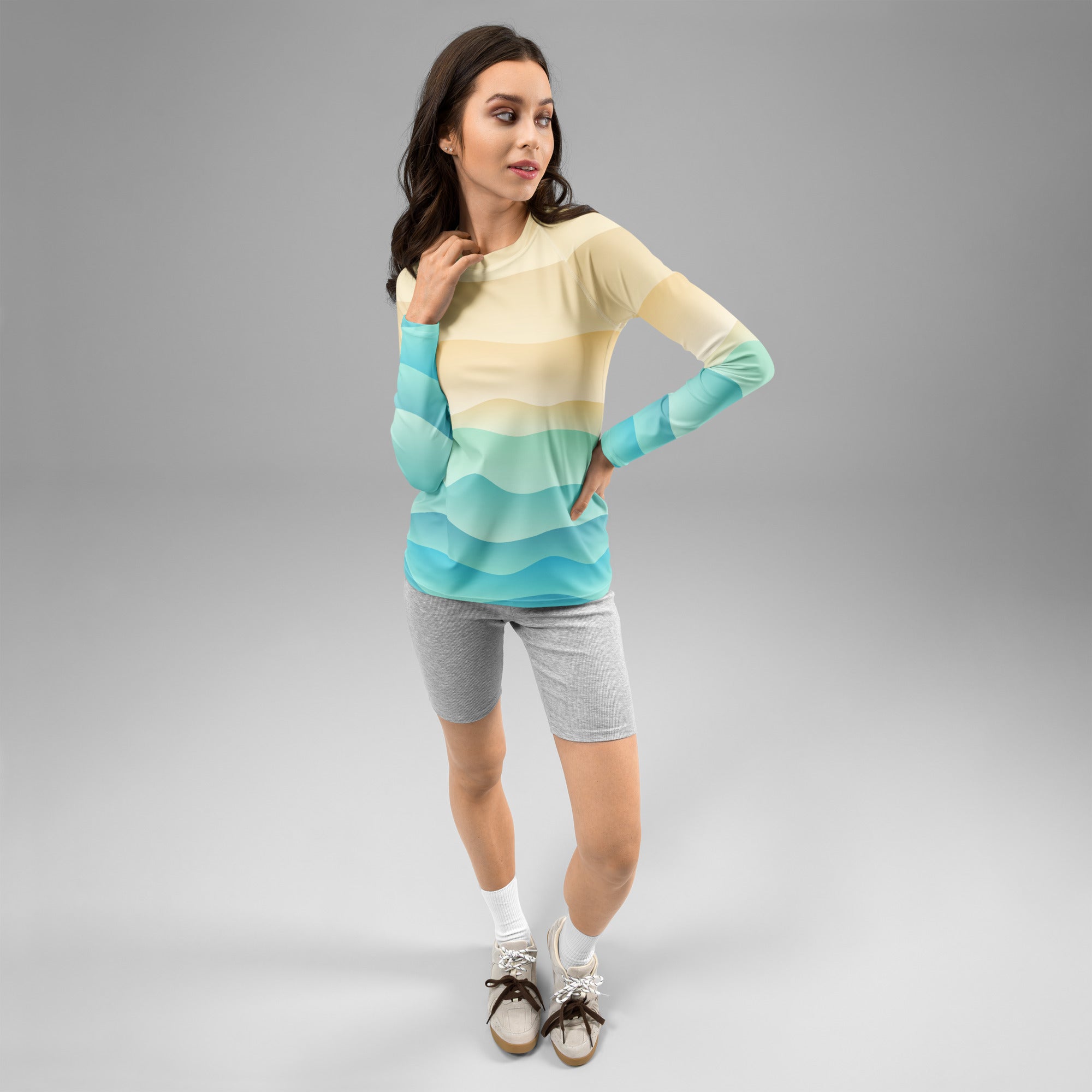 Women's Sand & Ocean Waves Long Sleeve Rash Guard Swim Shirt – Buttery Soft, Sun Safe UPF 50+ Protection, Quick Dry & 4-Way Stretch Comfort