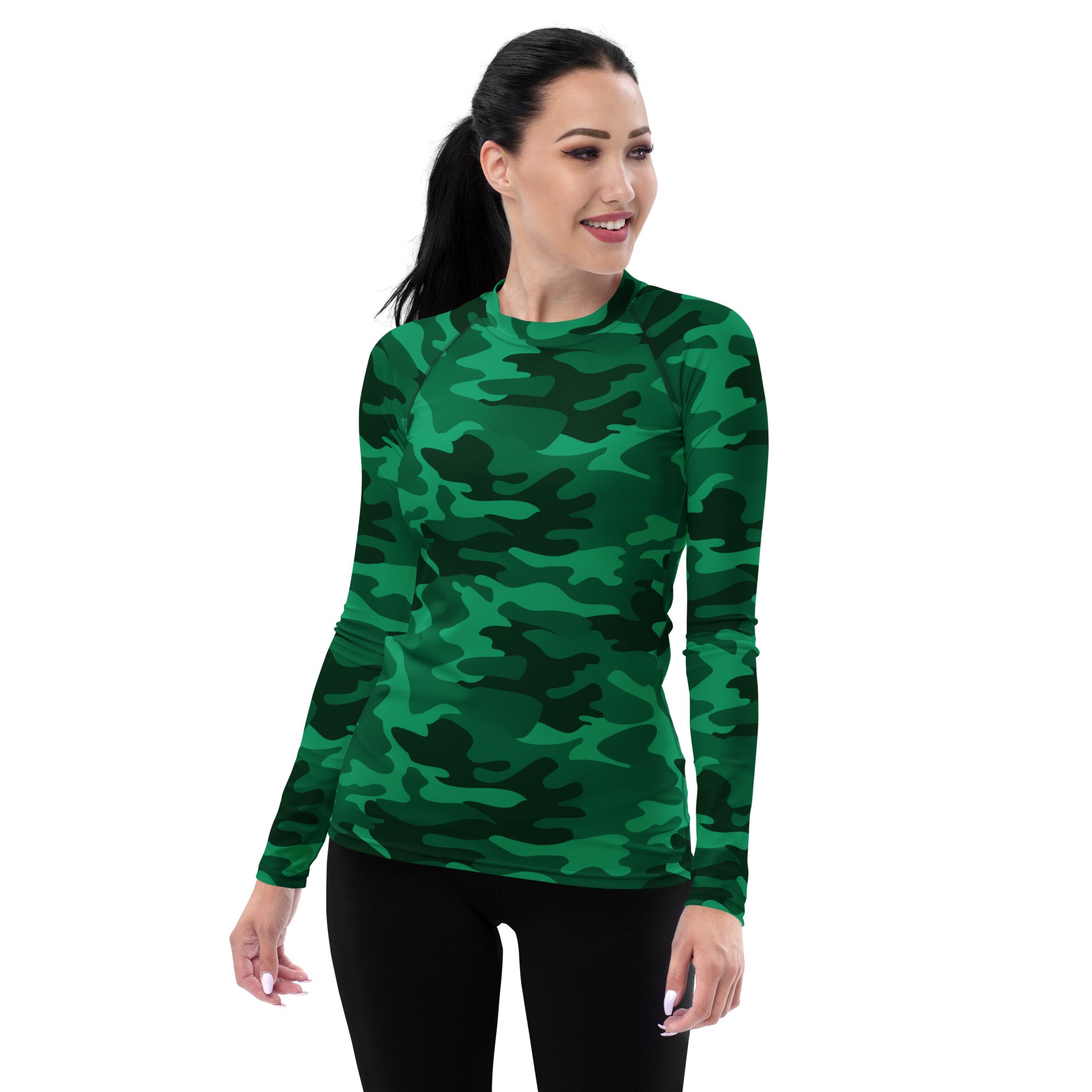 Women's Green Camouflage Long Sleeve Rash Guard Swim Shirt – Buttery Soft, Sun Safe UPF 50+ Protection, Quick Dry & 4-Way Stretch Comfort
