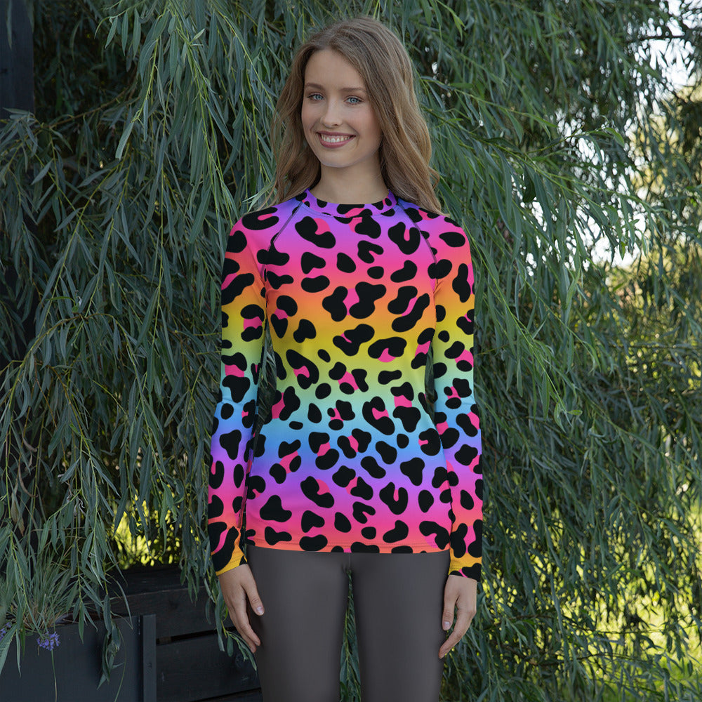 Women's Rainbow Leopard Long Sleeve Rash Guard Swim Shirt – Buttery Soft, Sun Safe UPF 50+ Protection, Quick Dry & 4-Way Stretch Comfort