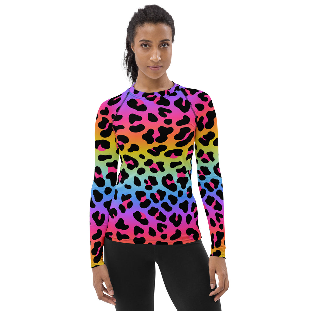 Women's Rainbow Leopard Long Sleeve Rash Guard Swim Shirt – Buttery Soft, Sun Safe UPF 50+ Protection, Quick Dry & 4-Way Stretch Comfort