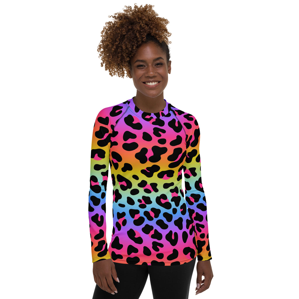 Women's Rainbow Leopard Long Sleeve Rash Guard Swim Shirt – Buttery Soft, Sun Safe UPF 50+ Protection, Quick Dry & 4-Way Stretch Comfort