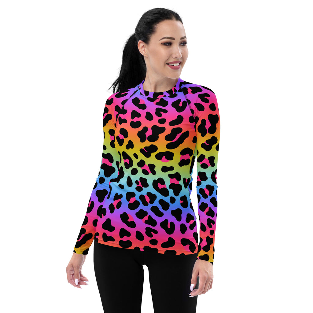 Women's Rainbow Leopard Long Sleeve Rash Guard Swim Shirt – Buttery Soft, Sun Safe UPF 50+ Protection, Quick Dry & 4-Way Stretch Comfort