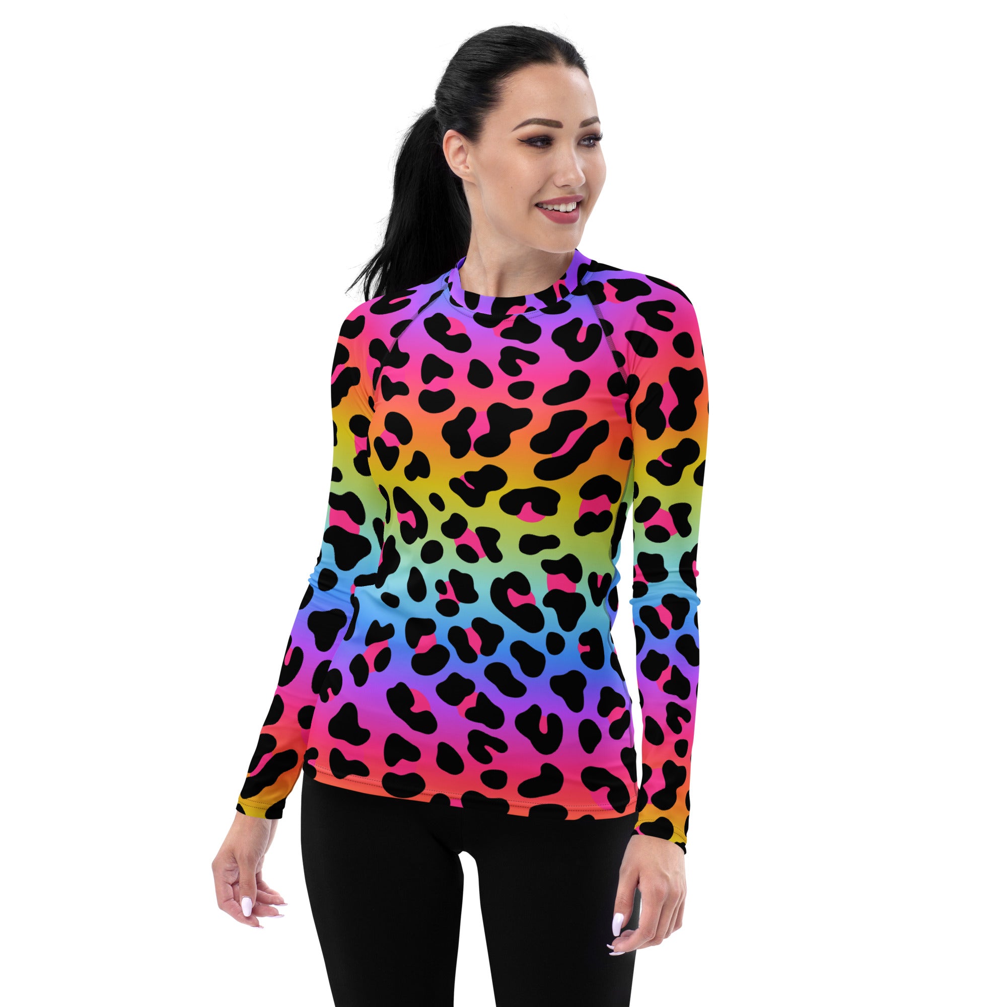 Women's Rainbow Leopard Long Sleeve Rash Guard Swim Shirt – Buttery Soft, Sun Safe UPF 50+ Protection, Quick Dry & 4-Way Stretch Comfort