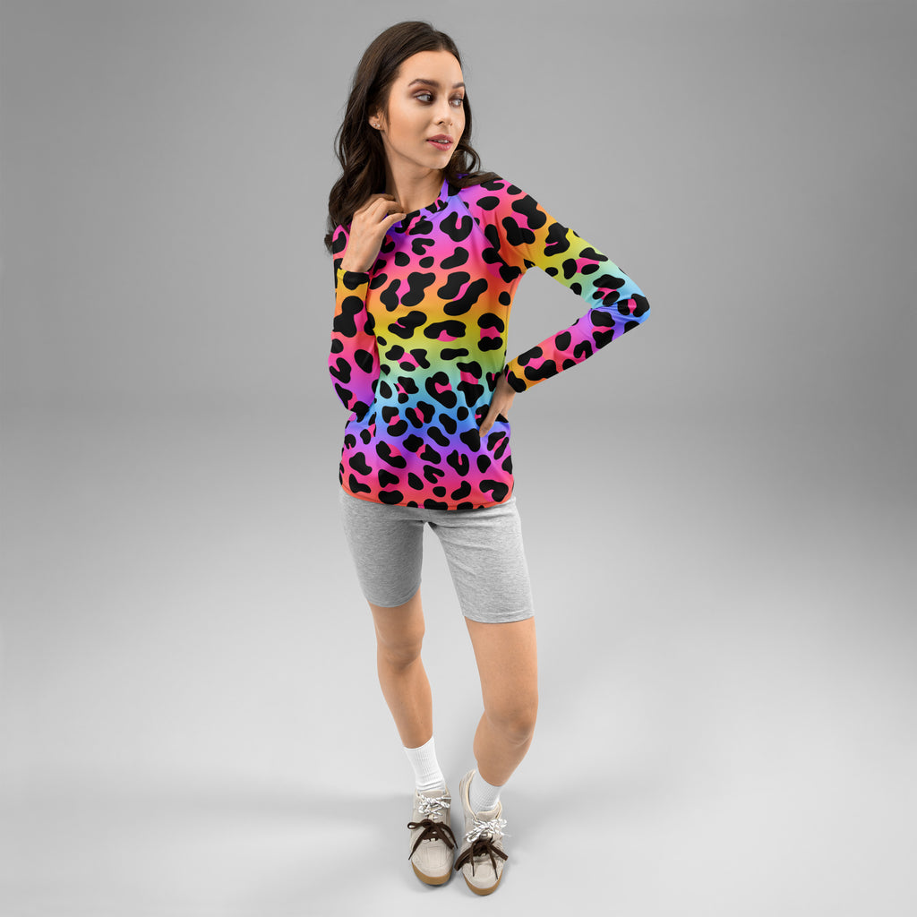 Women's Rainbow Leopard Long Sleeve Rash Guard Swim Shirt – Buttery Soft, Sun Safe UPF 50+ Protection, Quick Dry & 4-Way Stretch Comfort