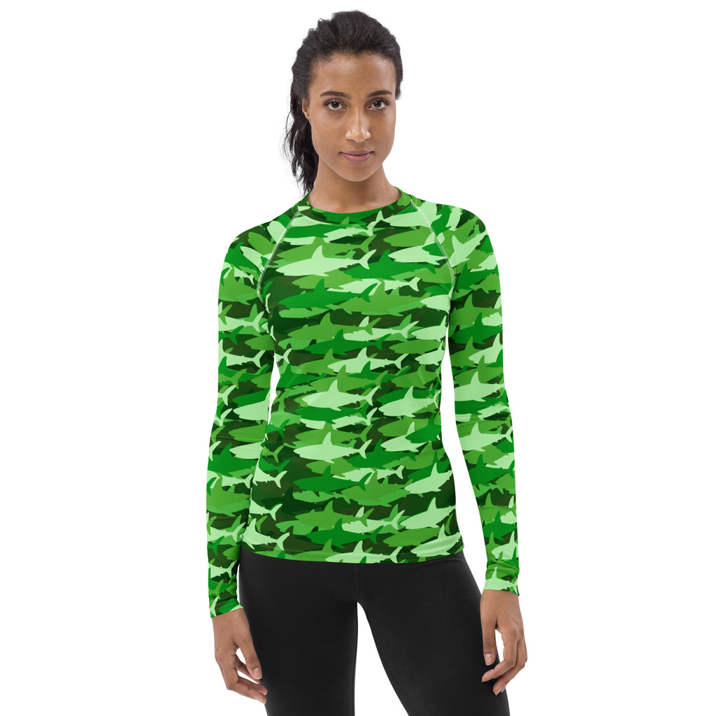 Women's Green Shark Camouflage Long Sleeve Rash Guard Swim Shirt – Buttery Soft, Sun Safe UPF 50+ Protection, Quick Dry & 4-Way Stretch Comfort