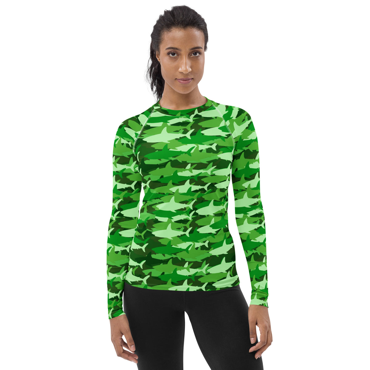 Women's Green Shark Camouflage Long Sleeve Rash Guard Swim Shirt – Buttery Soft, Sun Safe UPF 50+ Protection, Quick Dry & 4-Way Stretch Comfort