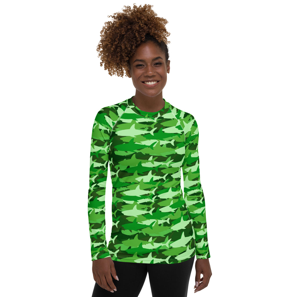 Women's Green Shark Camouflage Long Sleeve Rash Guard Swim Shirt – Buttery Soft, Sun Safe UPF 50+ Protection, Quick Dry & 4-Way Stretch Comfort