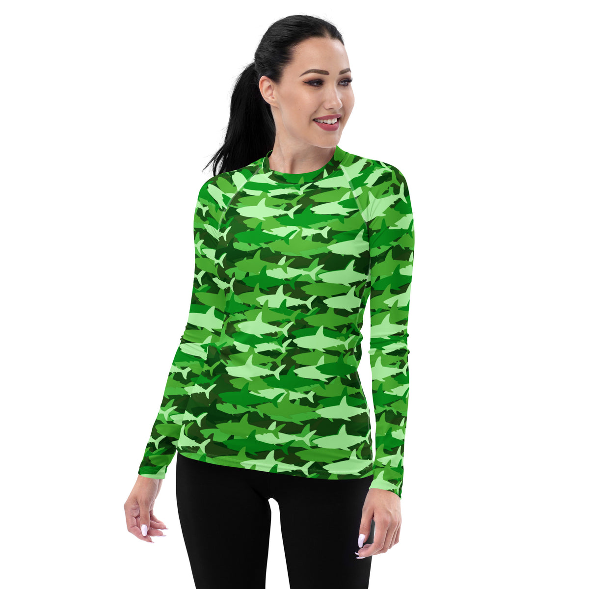 Women's Green Shark Camouflage Long Sleeve Rash Guard Swim Shirt – Buttery Soft, Sun Safe UPF 50+ Protection, Quick Dry & 4-Way Stretch Comfort