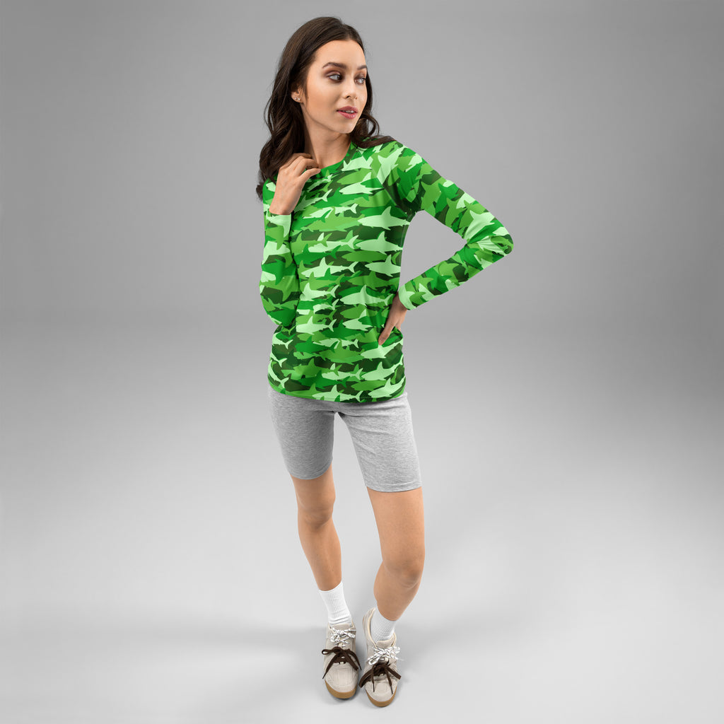Women's Green Shark Camouflage Long Sleeve Rash Guard Swim Shirt – Buttery Soft, Sun Safe UPF 50+ Protection, Quick Dry & 4-Way Stretch Comfort