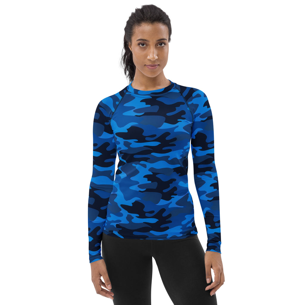 Women's Blue Camouflage Long Sleeve Rash Guard Swim Shirt – Buttery Soft, Sun Safe UPF 50+ Protection, Quick Dry & 4-Way Stretch Comfort
