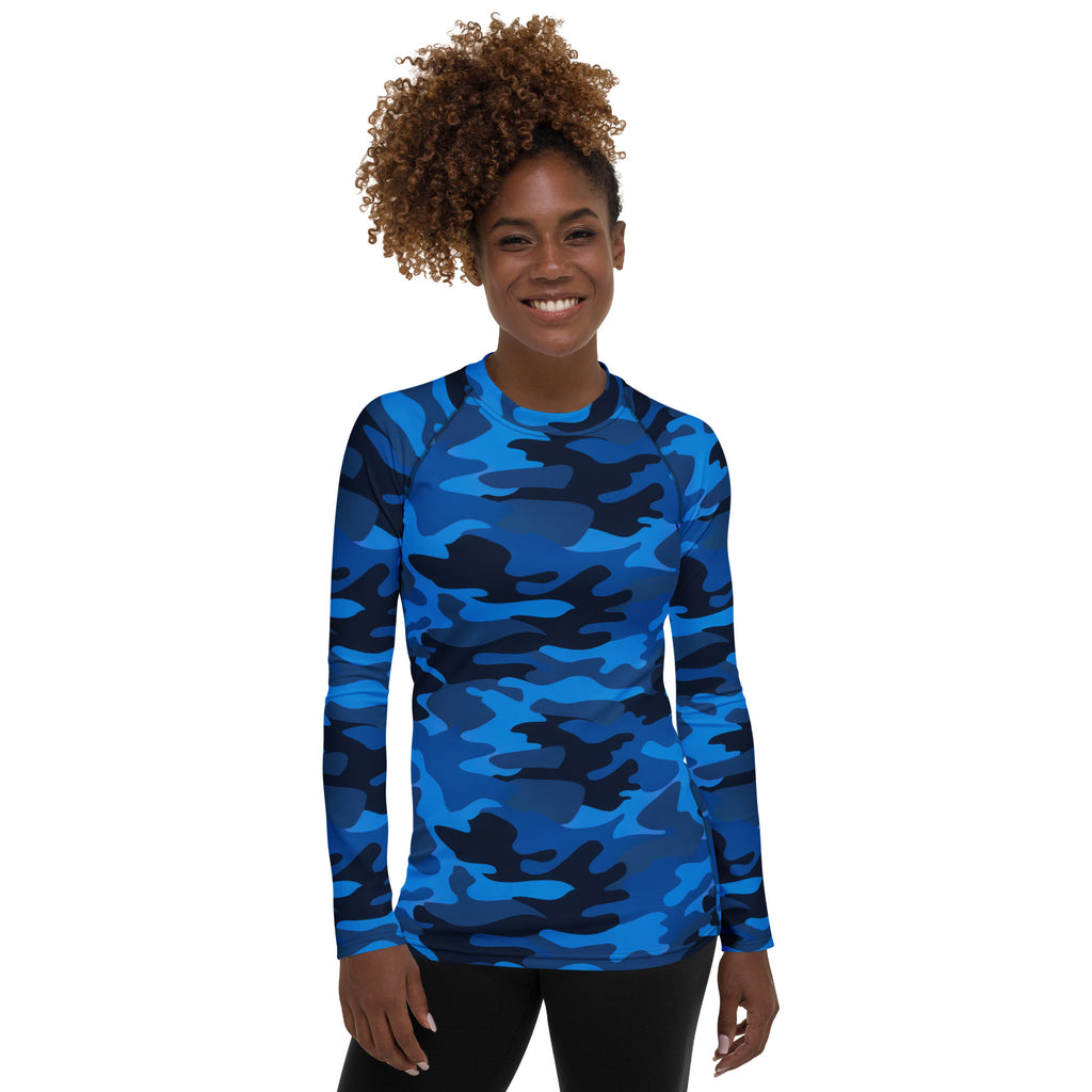 Women's Blue Camouflage Long Sleeve Rash Guard Swim Shirt – Buttery Soft, Sun Safe UPF 50+ Protection, Quick Dry & 4-Way Stretch Comfort