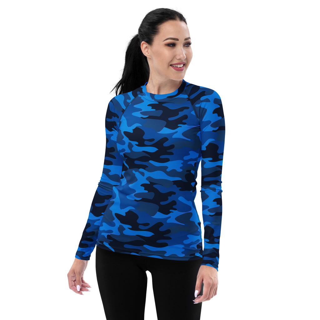 Women's Blue Camouflage Long Sleeve Rash Guard Swim Shirt – Buttery Soft, Sun Safe UPF 50+ Protection, Quick Dry & 4-Way Stretch Comfort