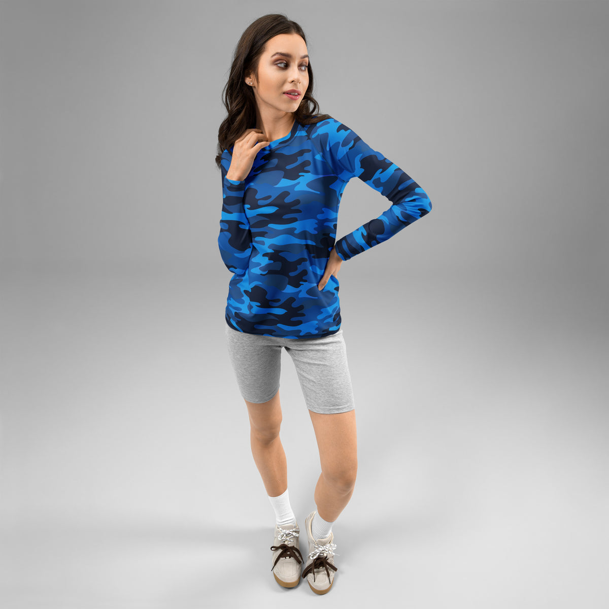 Women's Blue Camouflage Long Sleeve Rash Guard Swim Shirt – Buttery Soft, Sun Safe UPF 50+ Protection, Quick Dry & 4-Way Stretch Comfort
