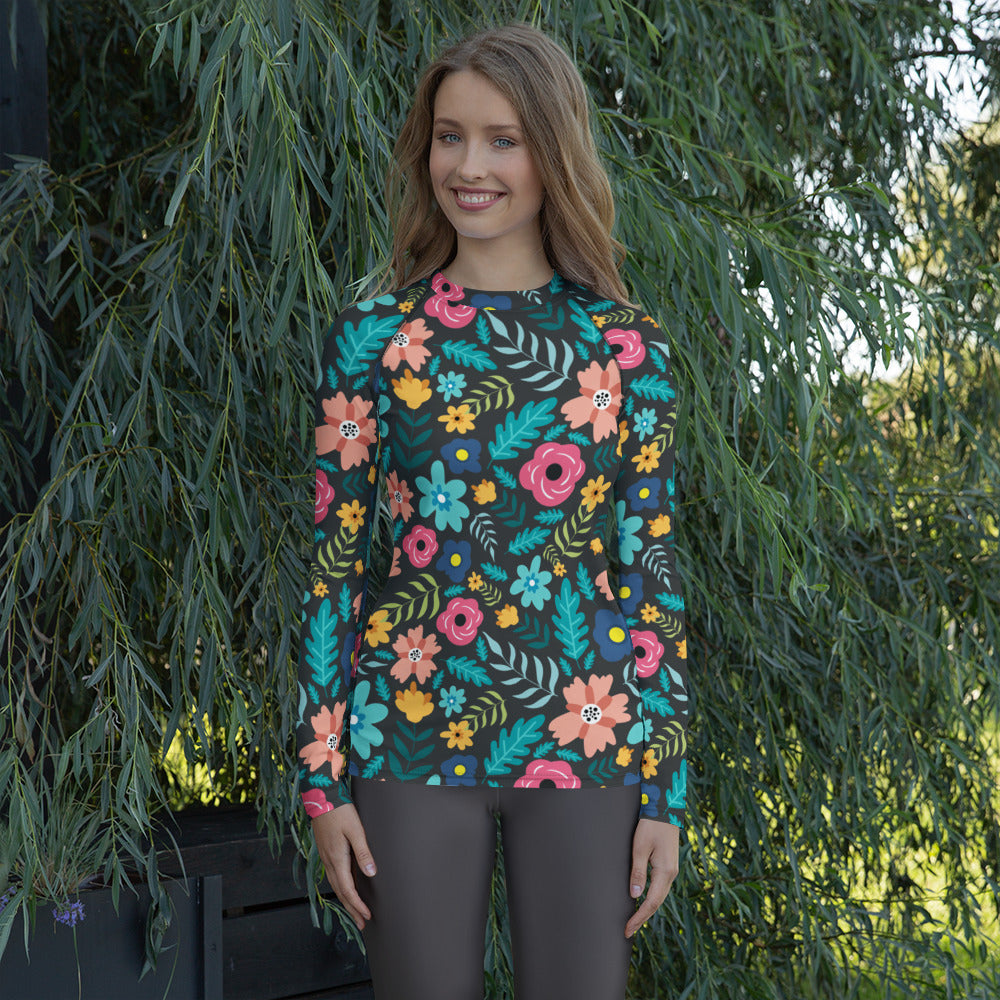 Women's Dark Green Floral Long Sleeve Rash Guard Swim Shirt – Buttery Soft, Sun Safe UPF 50+ Protection, Quick Dry & 4-Way Stretch Comfort