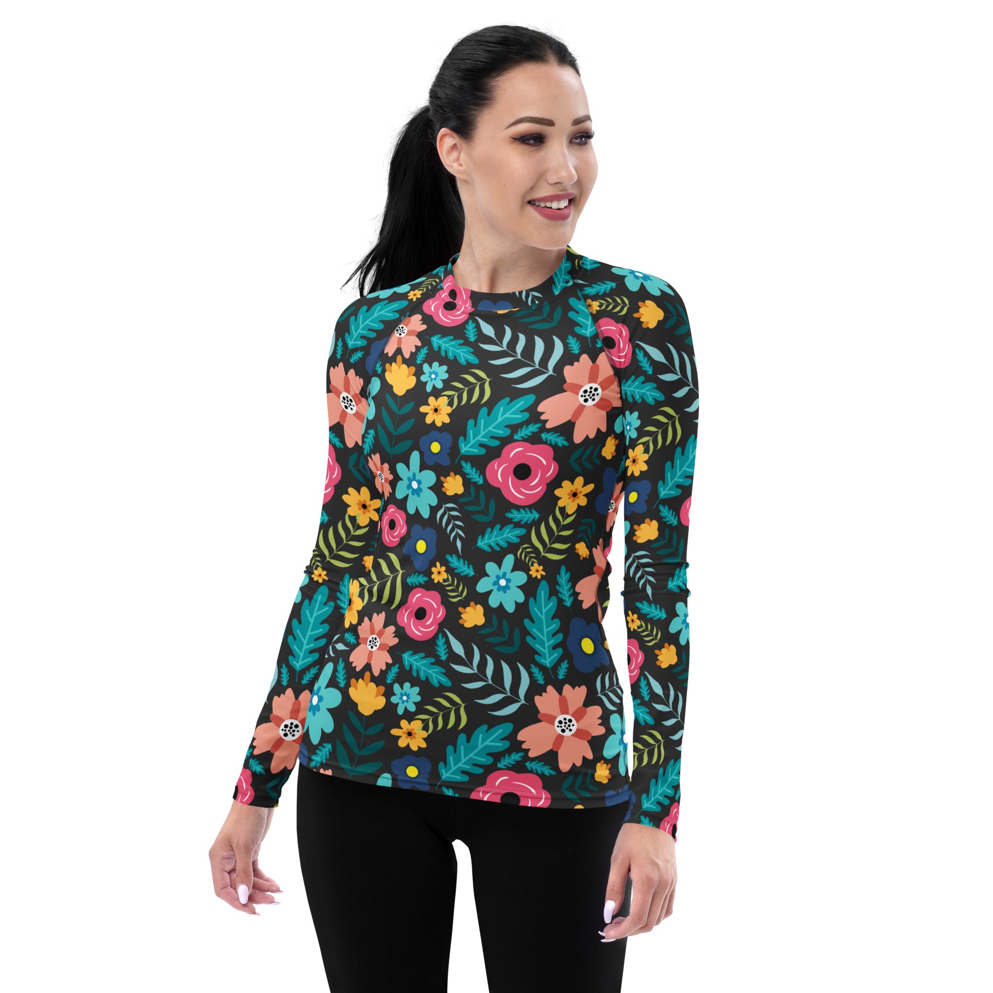 Women's Dark Green Floral Long Sleeve Rash Guard Swim Shirt – Buttery Soft, Sun Safe UPF 50+ Protection, Quick Dry & 4-Way Stretch Comfort
