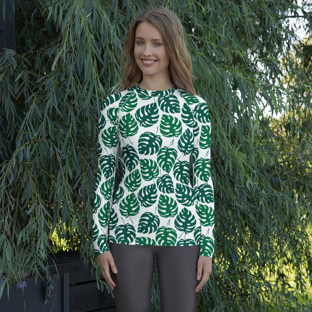 Women's Monstera Leaf Long Sleeve Rash Guard Swim Shirt – Buttery Soft, Sun Safe UPF 50+ Protection, Quick Dry & 4-Way Stretch Comfort