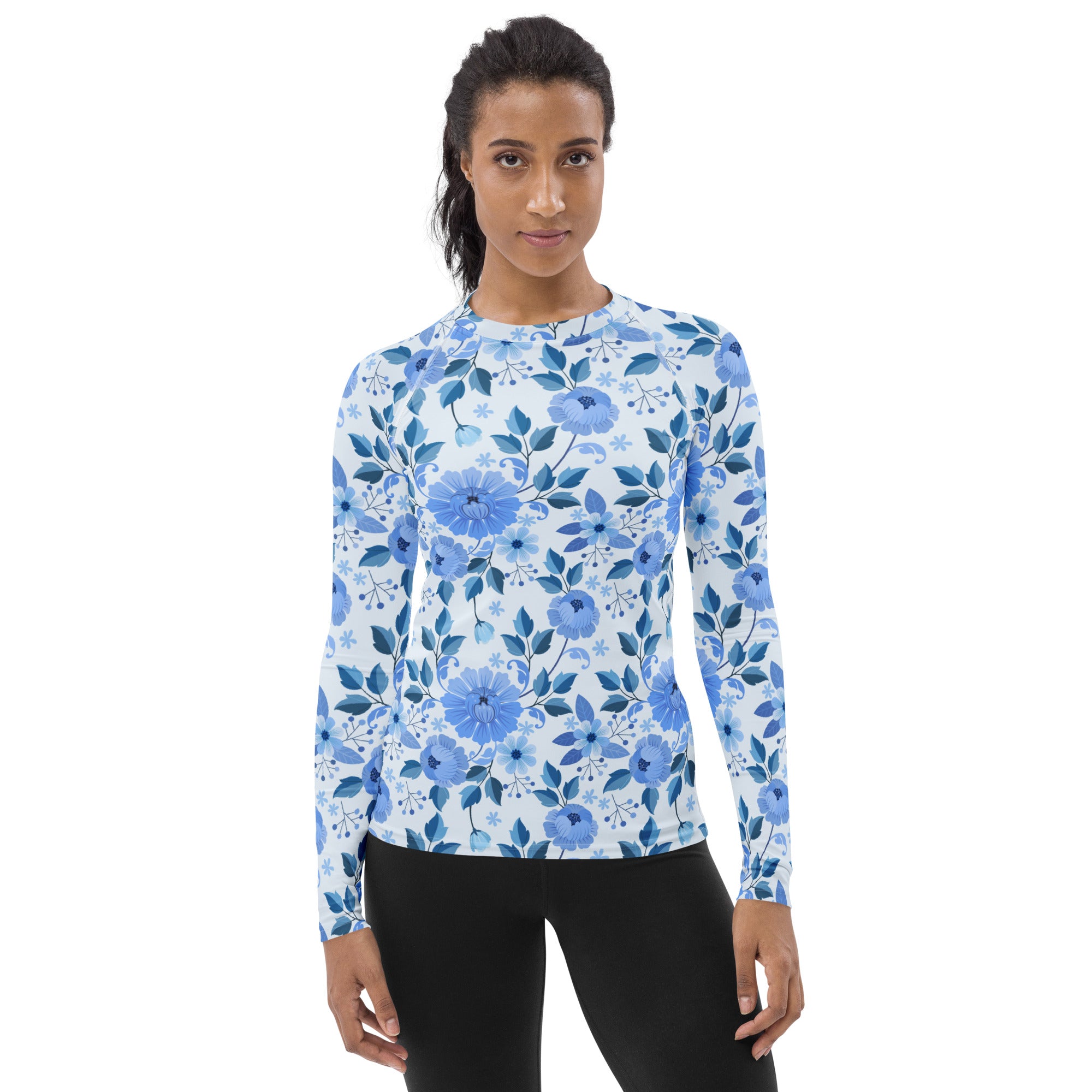 Women's Blue Floral Long Sleeve Rash Guard Swim Shirt – Buttery Soft, Sun Safe UPF 50+ Protection, Quick Dry & 4-Way Stretch Comfort
